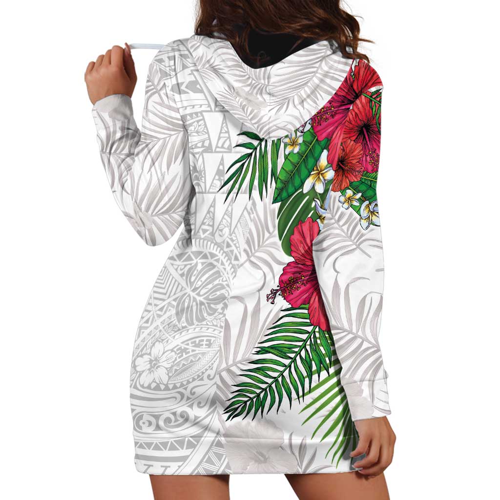 Hawaiian Tropical Plants Hoodie Dress Kakau Tattoo and Polynesian Pattern Half White Color LT03 - Polynesian Pride