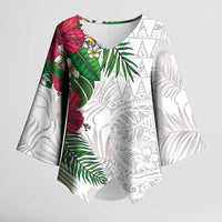 Hawaiian Tropical Plants Kimono Sleeve Blouse Kakau Tattoo and Polynesian Pattern Half White Color LT03 Female White - Polynesian Pride