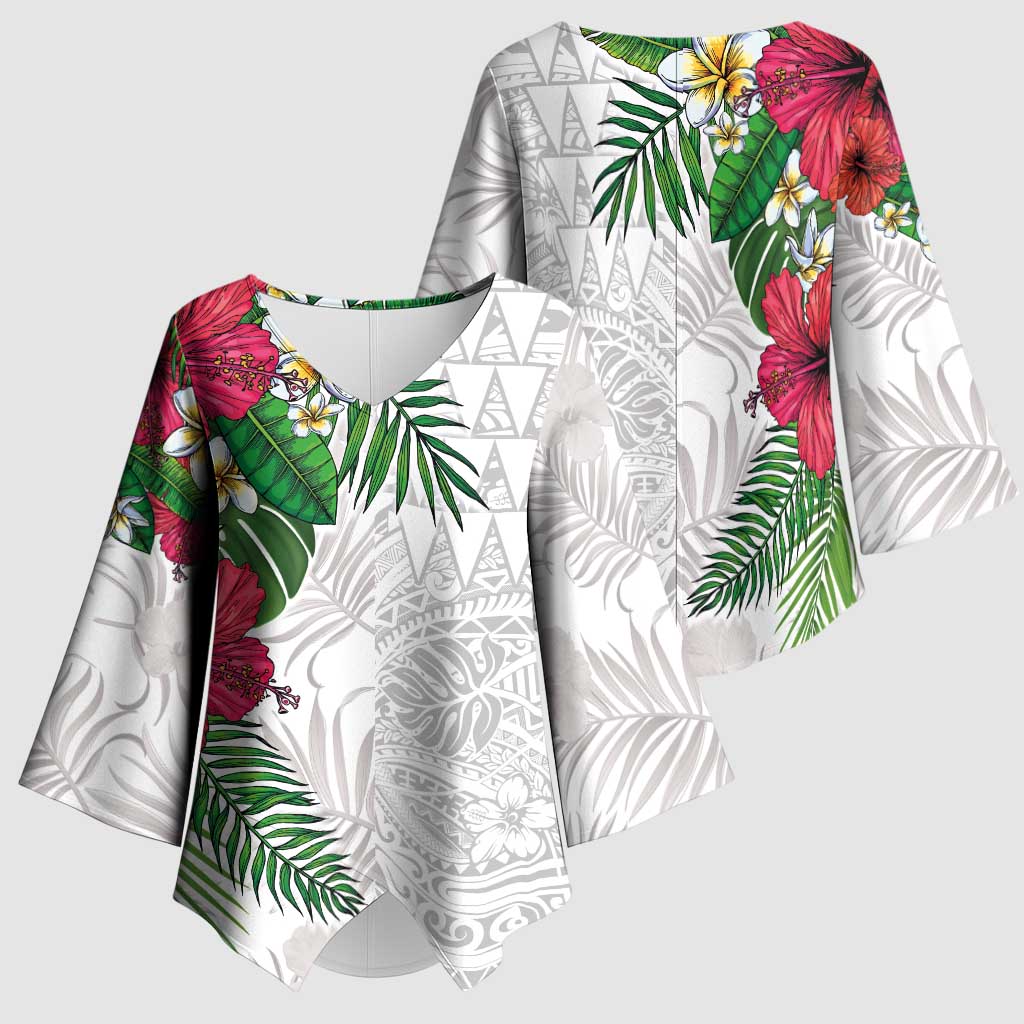 Hawaiian Tropical Plants Kimono Sleeve Blouse Kakau Tattoo and Polynesian Pattern Half White Color LT03 - Polynesian Pride