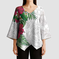 Hawaiian Tropical Plants Kimono Sleeve Blouse Kakau Tattoo and Polynesian Pattern Half White Color LT03 - Polynesian Pride