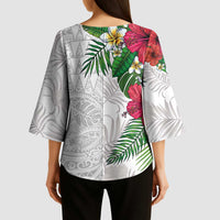 Hawaiian Tropical Plants Kimono Sleeve Blouse Kakau Tattoo and Polynesian Pattern Half White Color LT03 - Polynesian Pride
