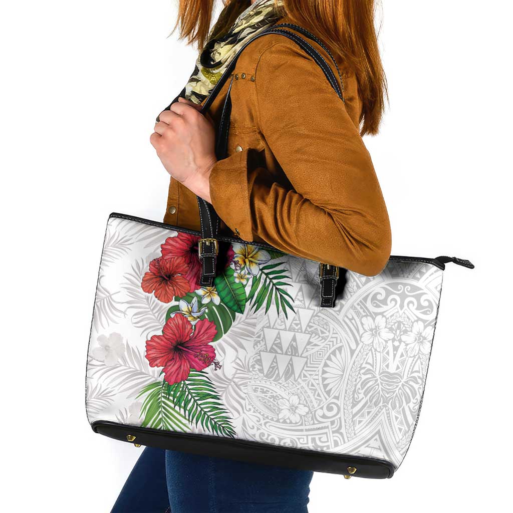 Hawaiian Tropical Plants Leather Tote Bag Kakau Tattoo and Polynesian Pattern Half White Color LT03 White - Polynesian Pride