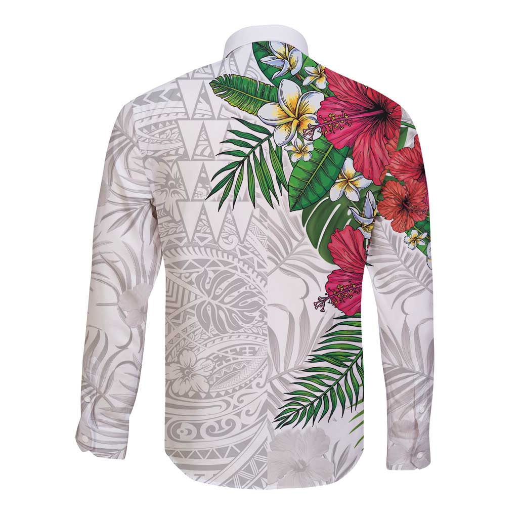 Hawaiian Tropical Plants Long Sleeve Button Shirt Kakau Tattoo and Polynesian Pattern Half White Color LT03 - Polynesian Pride