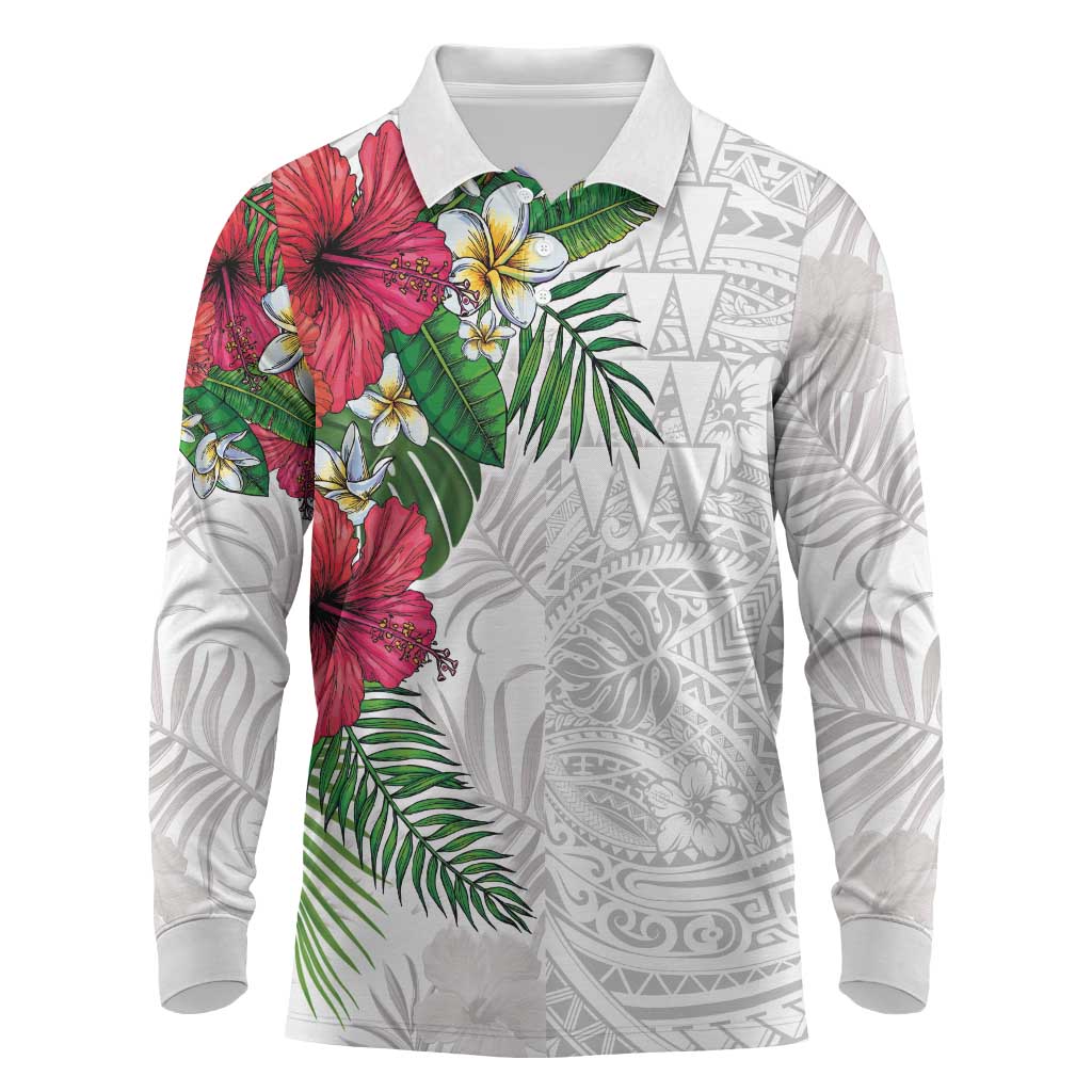 Hawaiian Tropical Plants Long Sleeve Polo Shirt Kakau Tattoo and Polynesian Pattern Half White Color LT03 White - Polynesian Pride