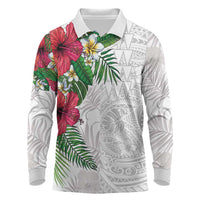 Hawaiian Tropical Plants Long Sleeve Polo Shirt Kakau Tattoo and Polynesian Pattern Half White Color LT03 White - Polynesian Pride