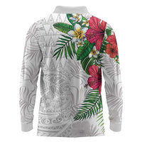 Hawaiian Tropical Plants Long Sleeve Polo Shirt Kakau Tattoo and Polynesian Pattern Half White Color LT03 - Polynesian Pride