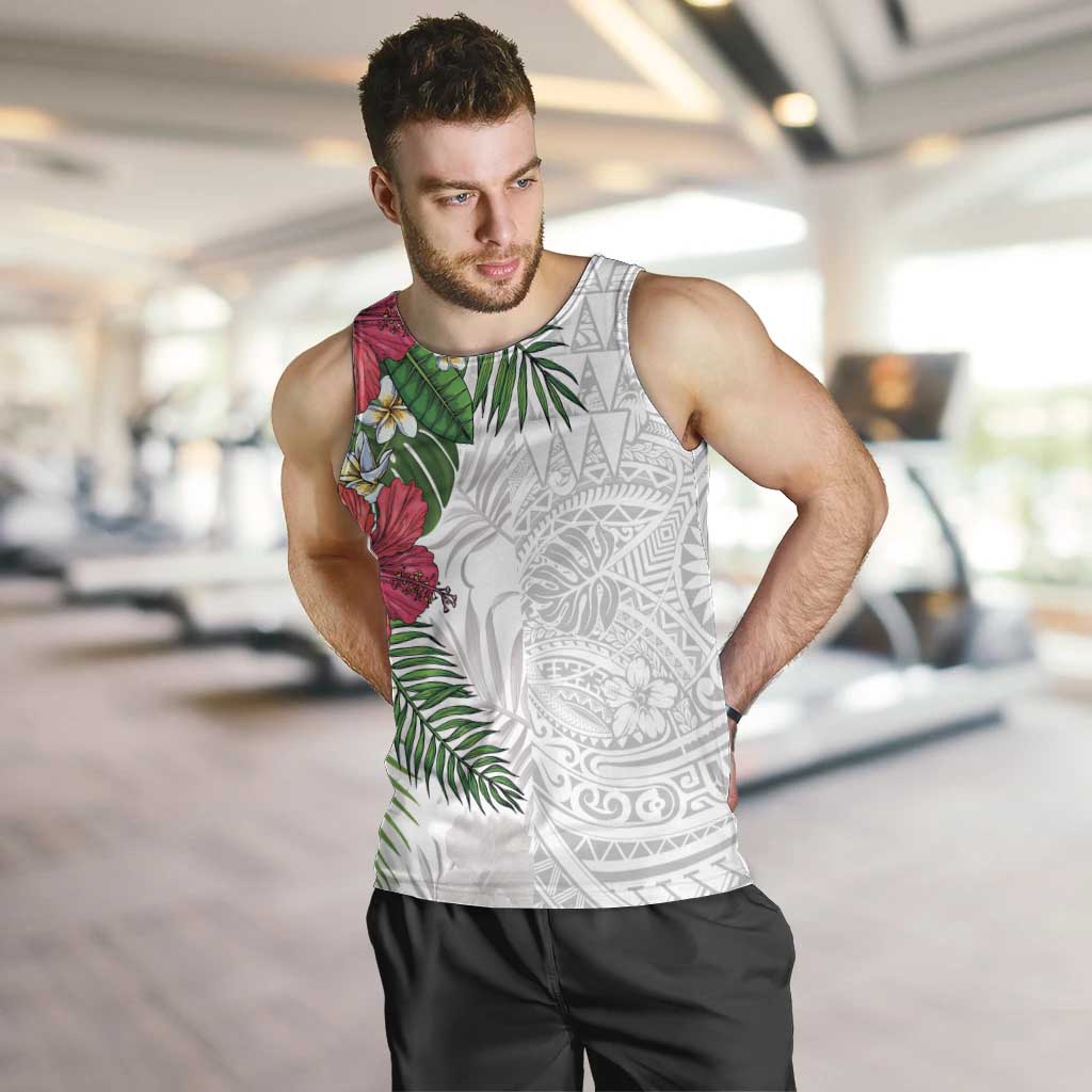 Hawaiian Tropical Plants Men Tank Top Kakau Tattoo and Polynesian Pattern Half White Color LT03 White - Polynesian Pride