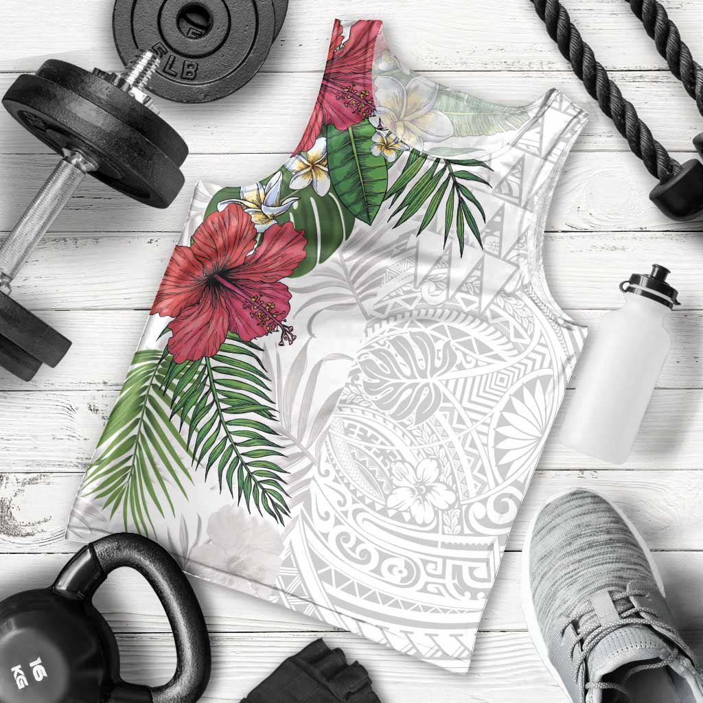Hawaiian Tropical Plants Men Tank Top Kakau Tattoo and Polynesian Pattern Half White Color LT03 - Polynesian Pride