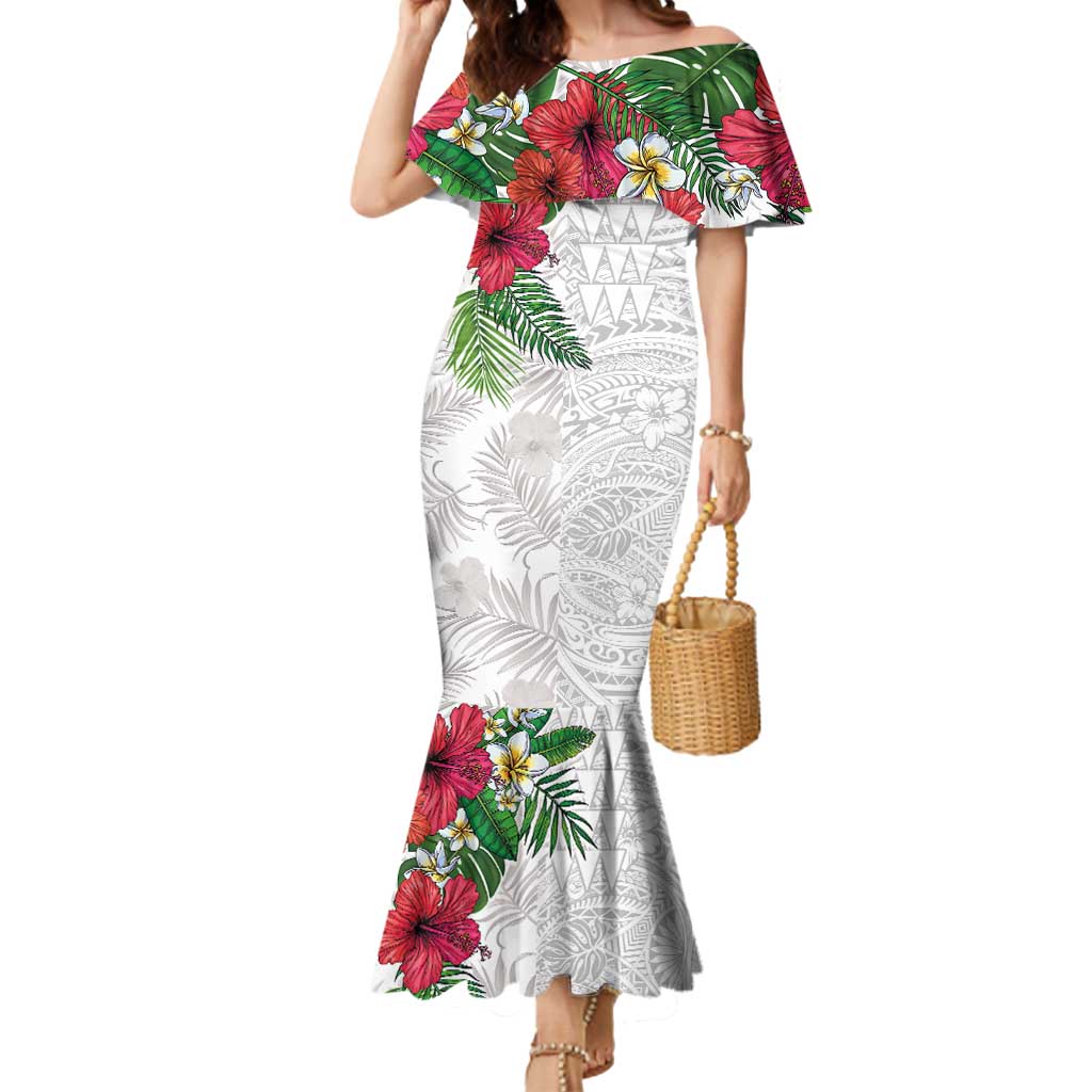 Hawaiian Tropical Plants Mermaid Dress Kakau Tattoo and Polynesian Pattern Half White Color LT03 Women White - Polynesian Pride