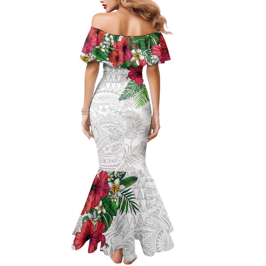 Hawaiian Tropical Plants Mermaid Dress Kakau Tattoo and Polynesian Pattern Half White Color LT03 - Polynesian Pride