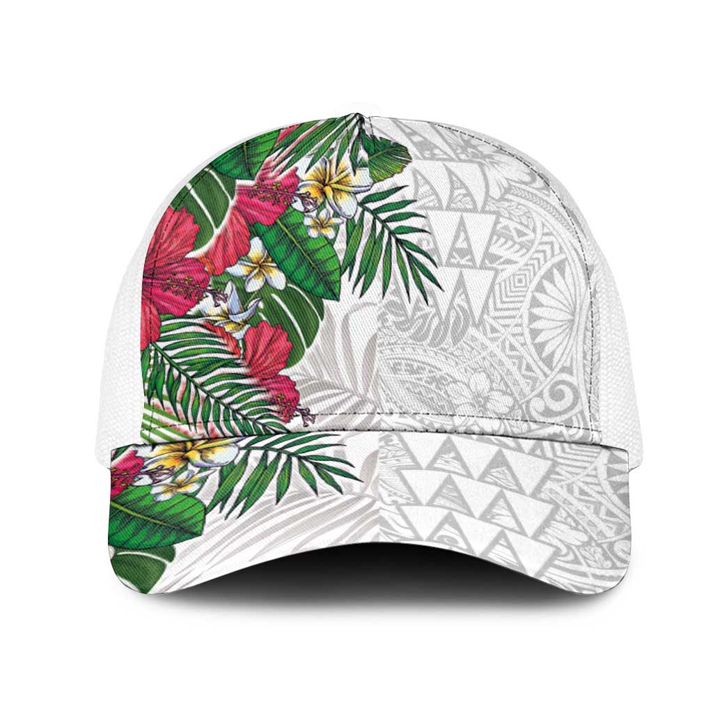 Hawaiian Tropical Plants Mesh Trucker Cap Kakau Tattoo and Polynesian Pattern Half Black White LT03 One Size White White - Polynesian Pride