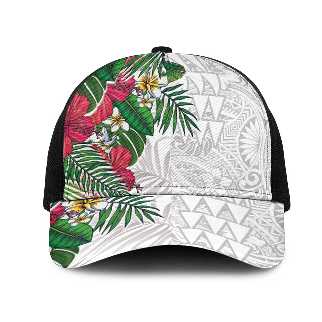 Hawaiian Tropical Plants Mesh Trucker Cap Kakau Tattoo and Polynesian Pattern Half Black White LT03 One Size Black White - Polynesian Pride