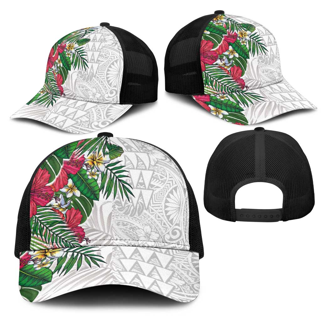 Hawaiian Tropical Plants Mesh Trucker Cap Kakau Tattoo and Polynesian Pattern Half Black White LT03 - Polynesian Pride