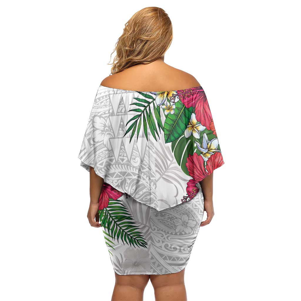 Hawaiian Tropical Plants Off Shoulder Short Dress Kakau Tattoo and Polynesian Pattern Half White Color LT03 - Polynesian Pride