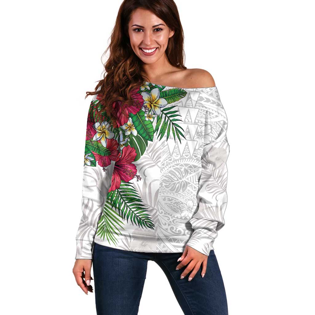 Hawaiian Tropical Plants Off Shoulder Sweater Kakau Tattoo and Polynesian Pattern Half White Color LT03 Women White - Polynesian Pride