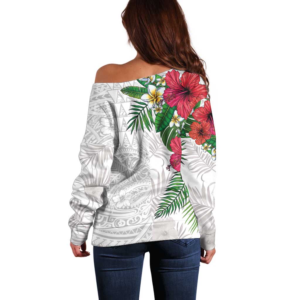 Hawaiian Tropical Plants Off Shoulder Sweater Kakau Tattoo and Polynesian Pattern Half White Color LT03 - Polynesian Pride
