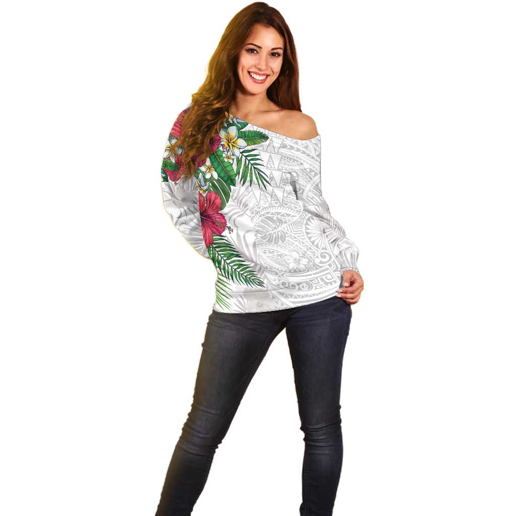 Hawaiian Tropical Plants Off Shoulder Sweater Kakau Tattoo and Polynesian Pattern Half White Color LT03 - Polynesian Pride