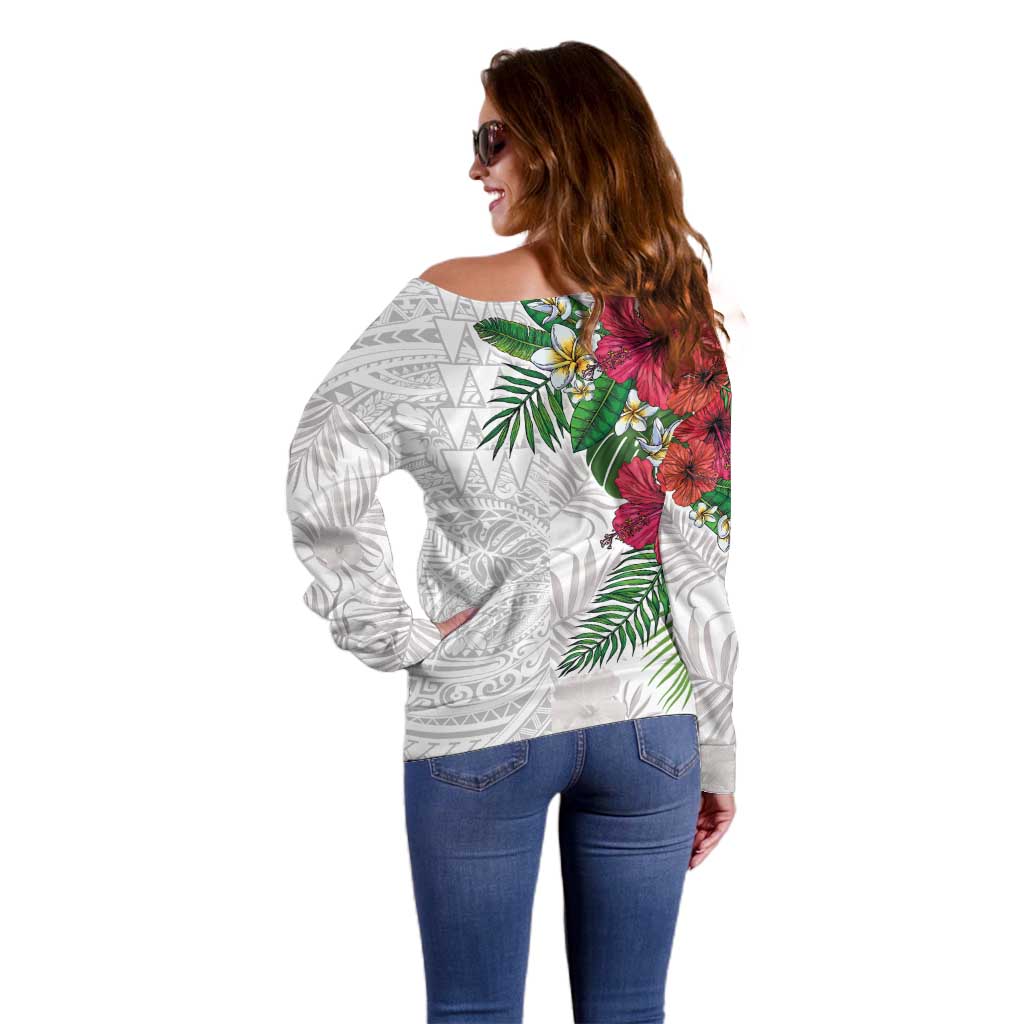 Hawaiian Tropical Plants Off Shoulder Sweater Kakau Tattoo and Polynesian Pattern Half White Color LT03 - Polynesian Pride
