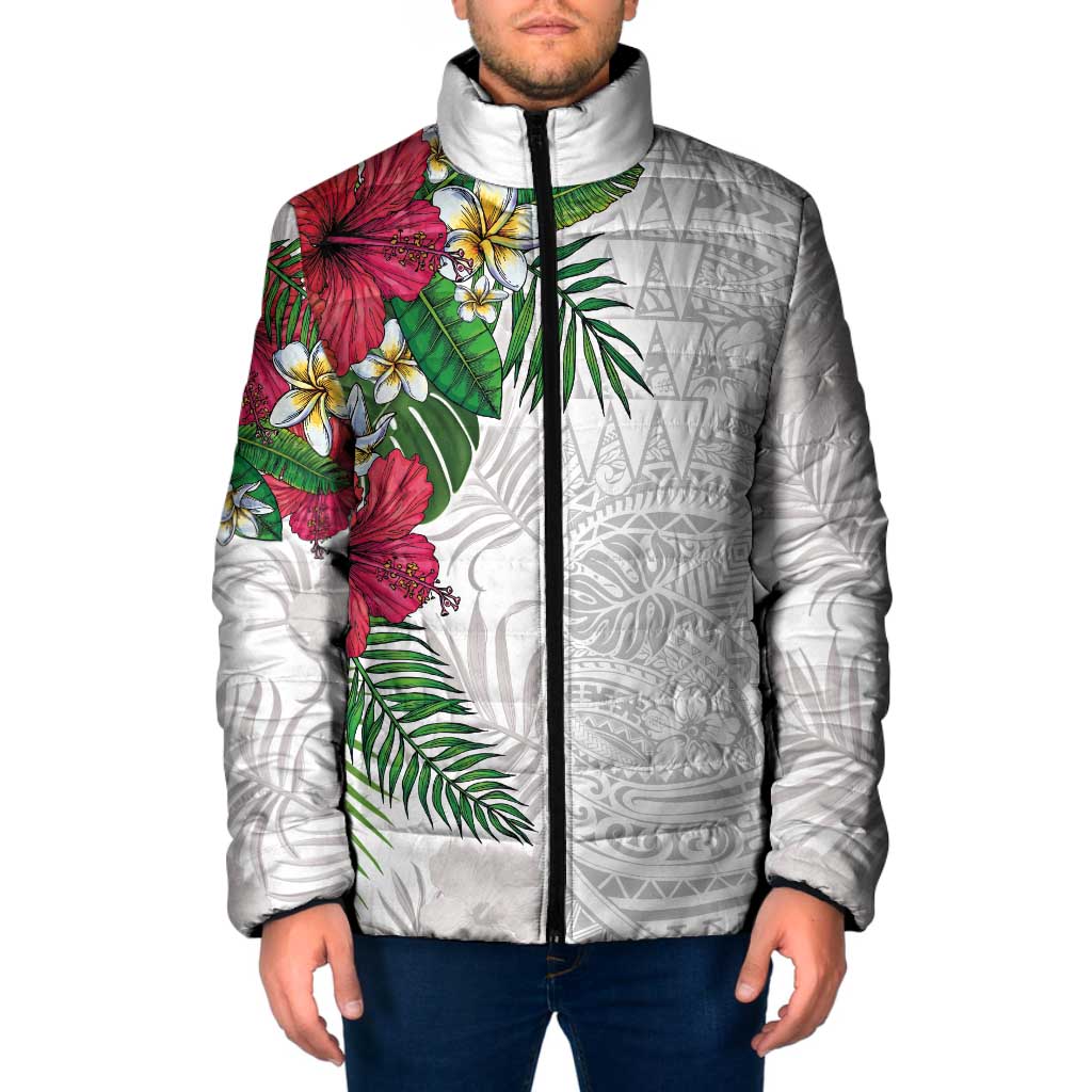 Hawaiian Tropical Plants Padded Jacket Kakau Tattoo and Polynesian Pattern Half White Color LT03 Men White - Polynesian Pride