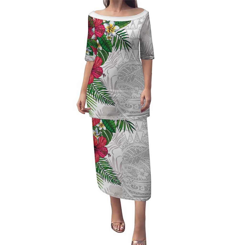 Hawaiian Tropical Plants Puletasi Kakau Tattoo and Polynesian Pattern Half White Color LT03 Long Dress White - Polynesian Pride