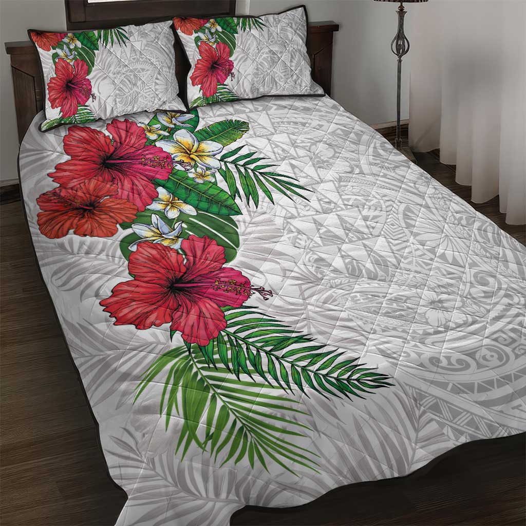 Hawaiian Tropical Plants Quilt Bed Set Kakau Tattoo and Polynesian Pattern Half White Color LT03 White - Polynesian Pride