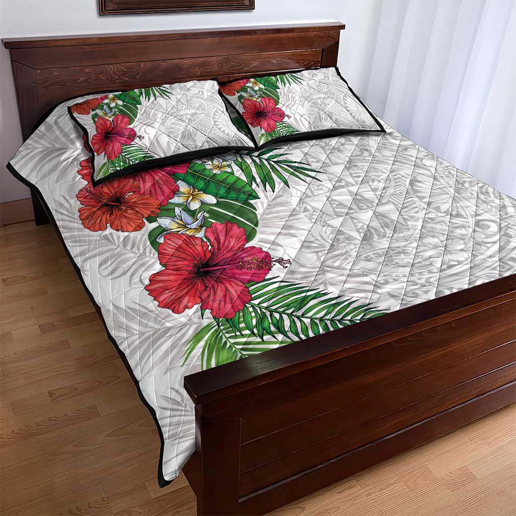 Hawaiian Tropical Plants Quilt Bed Set Kakau Tattoo and Polynesian Pattern Half White Color LT03 - Polynesian Pride