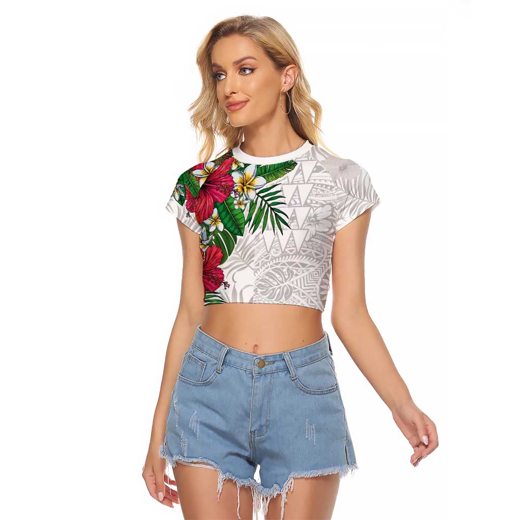 Hawaiian Tropical Plants Raglan Cropped T Shirt Kakau Tattoo and Polynesian Pattern Half White Color LT03 Female White - Polynesian Pride