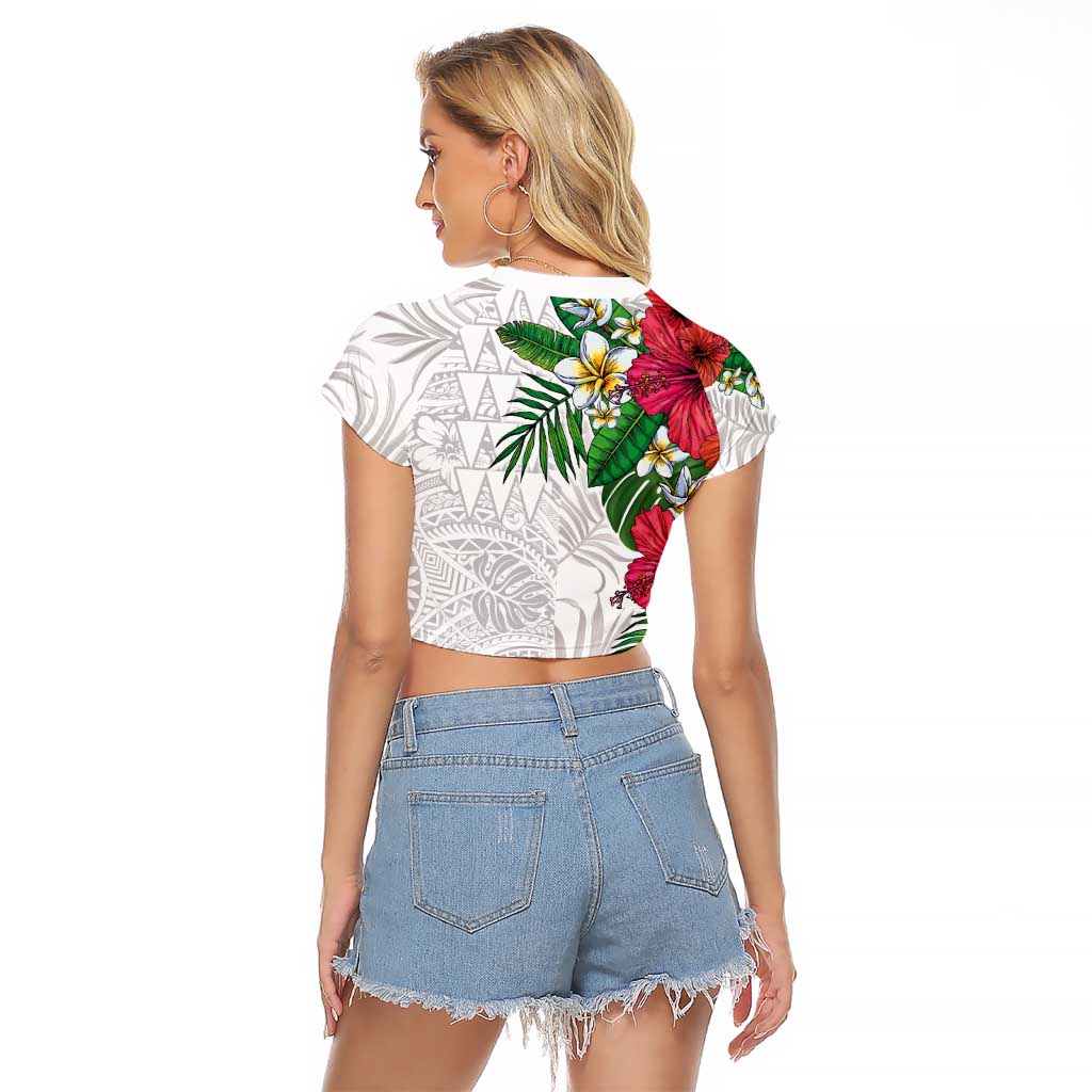 Hawaiian Tropical Plants Raglan Cropped T Shirt Kakau Tattoo and Polynesian Pattern Half White Color LT03 - Polynesian Pride