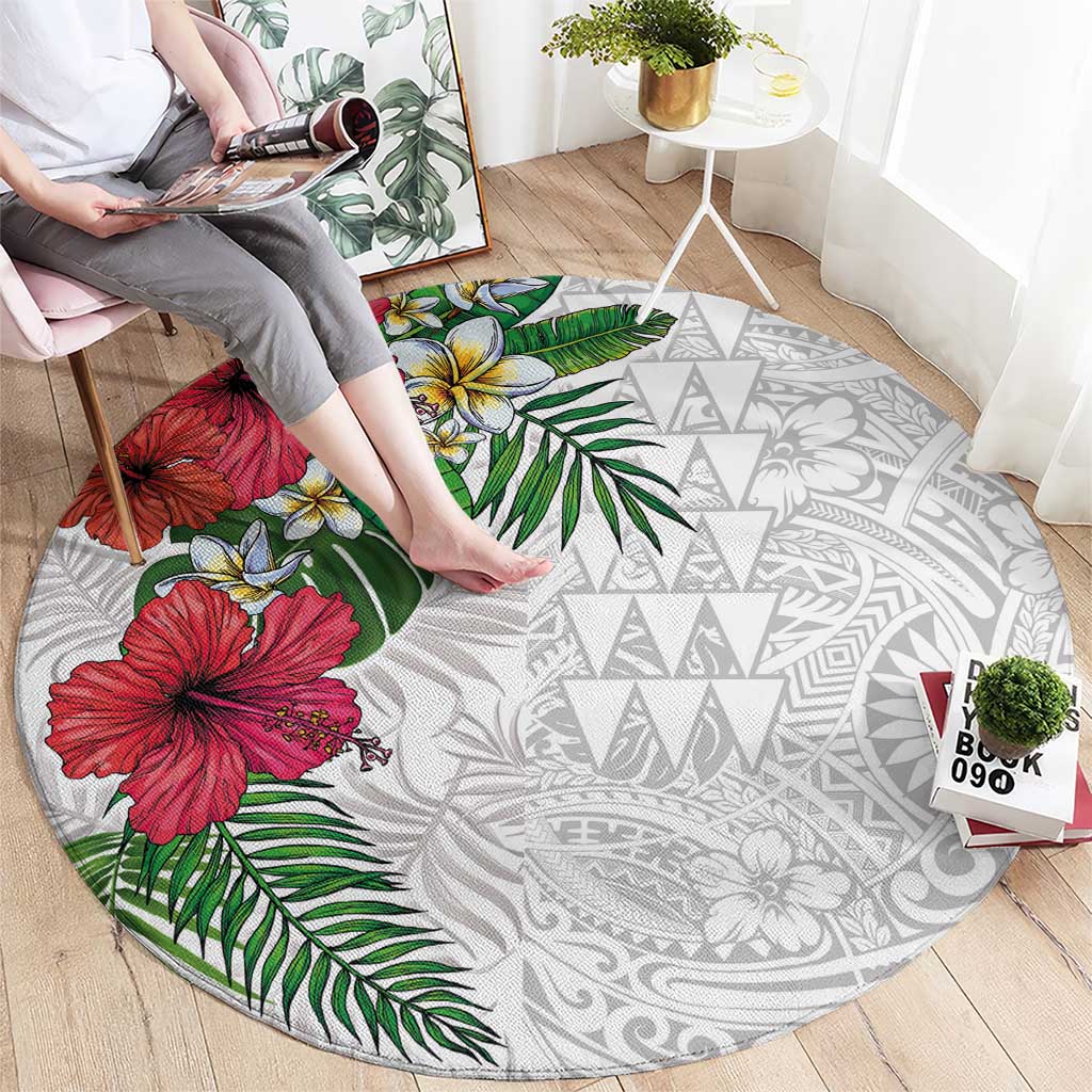 Hawaiian Tropical Plants Round Carpet Kakau Tattoo and Polynesian Pattern Half White Color LT03 - Polynesian Pride