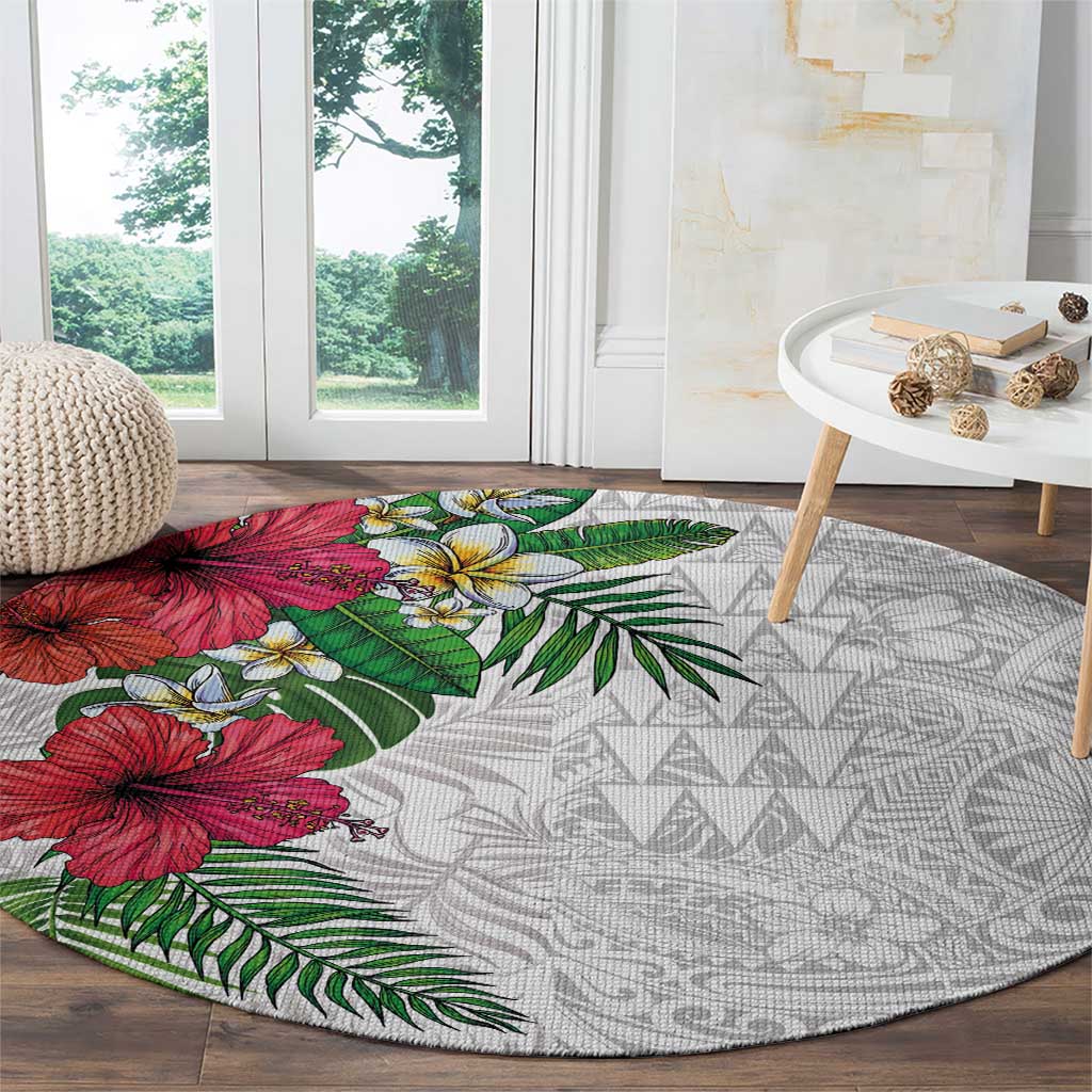 Hawaiian Tropical Plants Round Carpet Kakau Tattoo and Polynesian Pattern Half White Color LT03 - Polynesian Pride