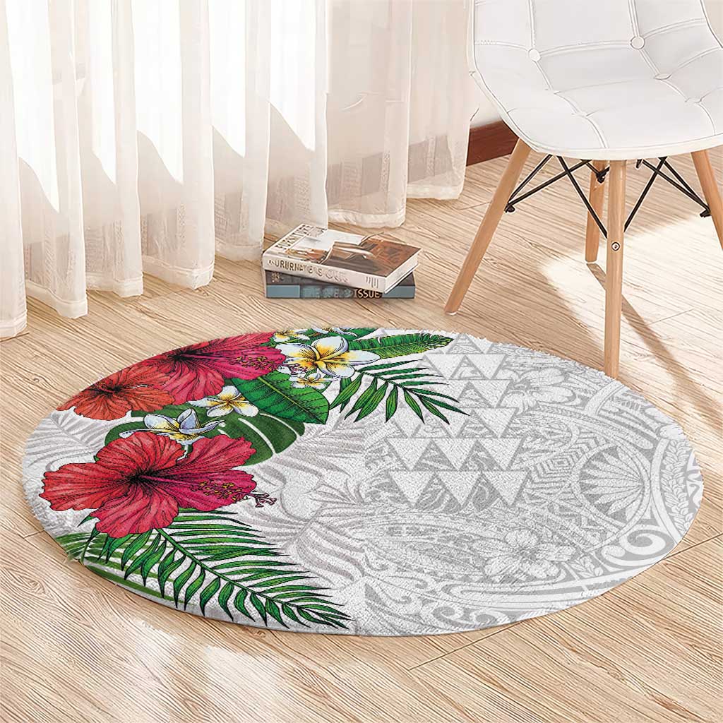 Hawaiian Tropical Plants Round Carpet Kakau Tattoo and Polynesian Pattern Half White Color LT03 - Polynesian Pride