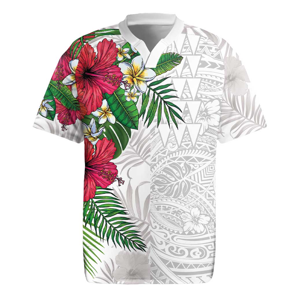 Hawaiian Tropical Plants Rugby Jersey Kakau Tattoo and Polynesian Pattern Half White Color LT03 White - Polynesian Pride