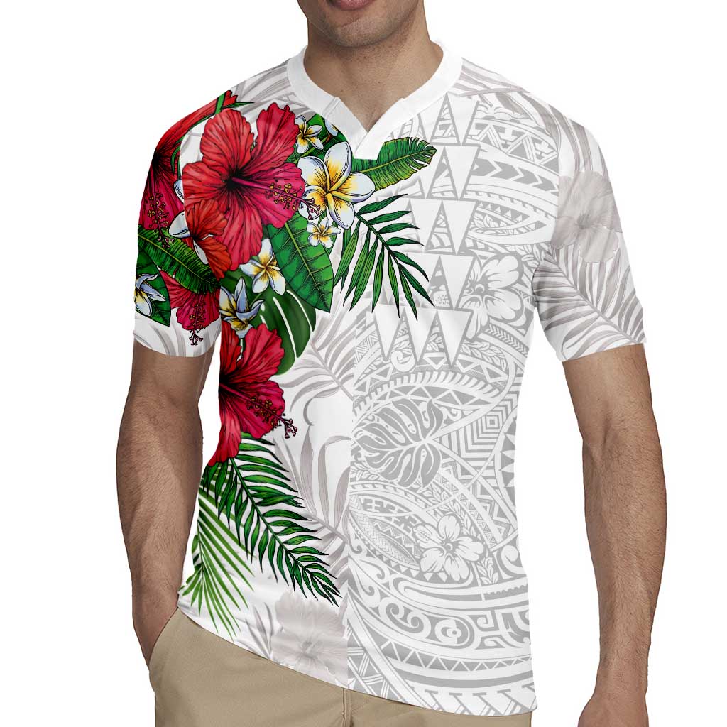 Hawaiian Tropical Plants Rugby Jersey Kakau Tattoo and Polynesian Pattern Half White Color LT03 - Polynesian Pride