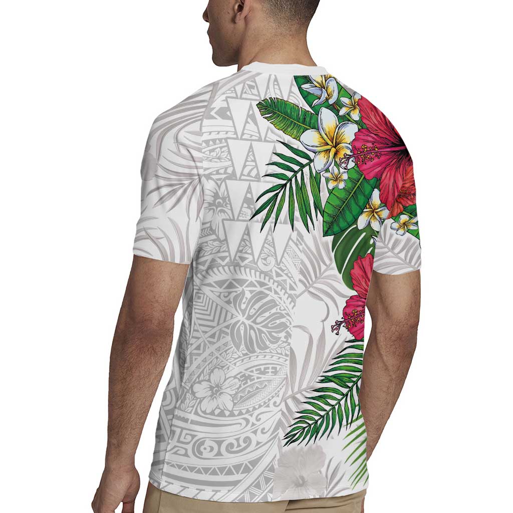 Hawaiian Tropical Plants Rugby Jersey Kakau Tattoo and Polynesian Pattern Half White Color LT03 - Polynesian Pride