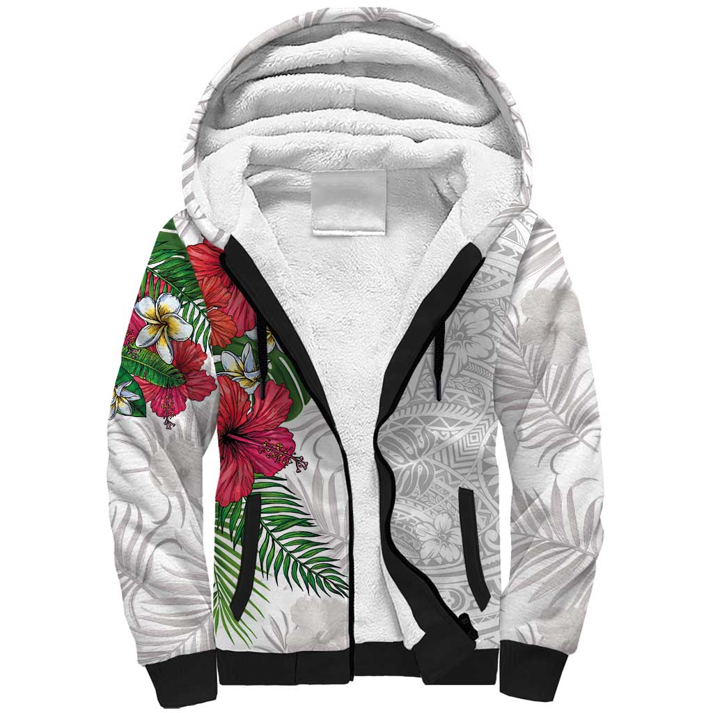 Hawaiian Tropical Plants Sherpa Hoodie Kakau Tattoo and Polynesian Pattern Half White Color LT03 Unisex White - Polynesian Pride