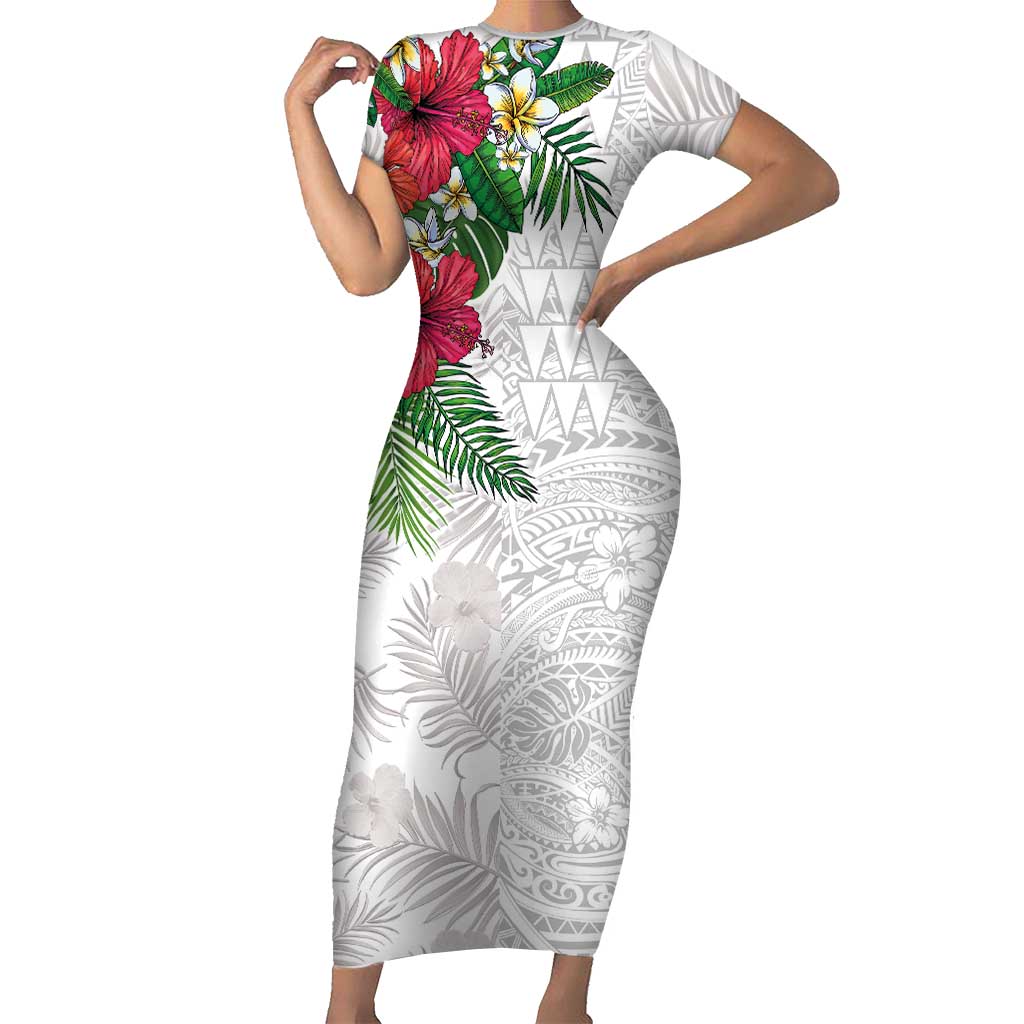 Hawaiian Tropical Plants Short Sleeve Bodycon Dress Kakau Tattoo and Polynesian Pattern Half White Color LT03 Long Dress White - Polynesian Pride