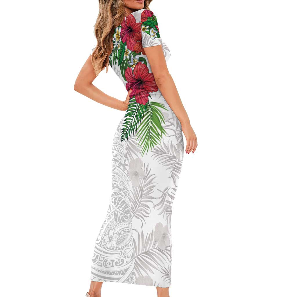 Hawaiian Tropical Plants Short Sleeve Bodycon Dress Kakau Tattoo and Polynesian Pattern Half White Color LT03 - Polynesian Pride