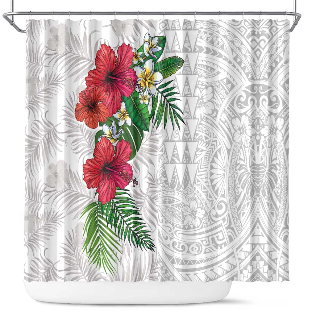 Hawaiian Tropical Plants Shower Curtain Kakau Tattoo and Polynesian Pattern Half White Color LT03 White - Polynesian Pride