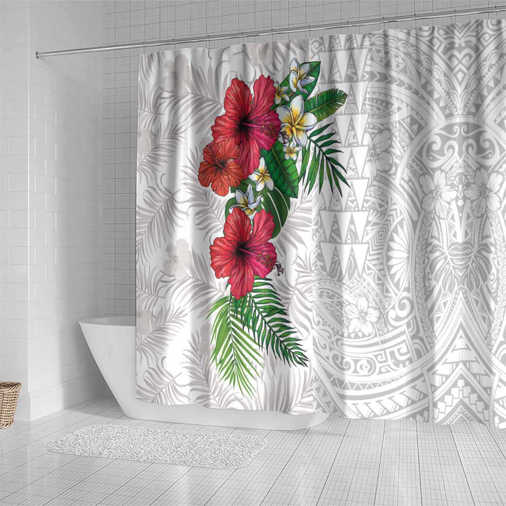Hawaiian Tropical Plants Shower Curtain Kakau Tattoo and Polynesian Pattern Half White Color LT03 - Polynesian Pride