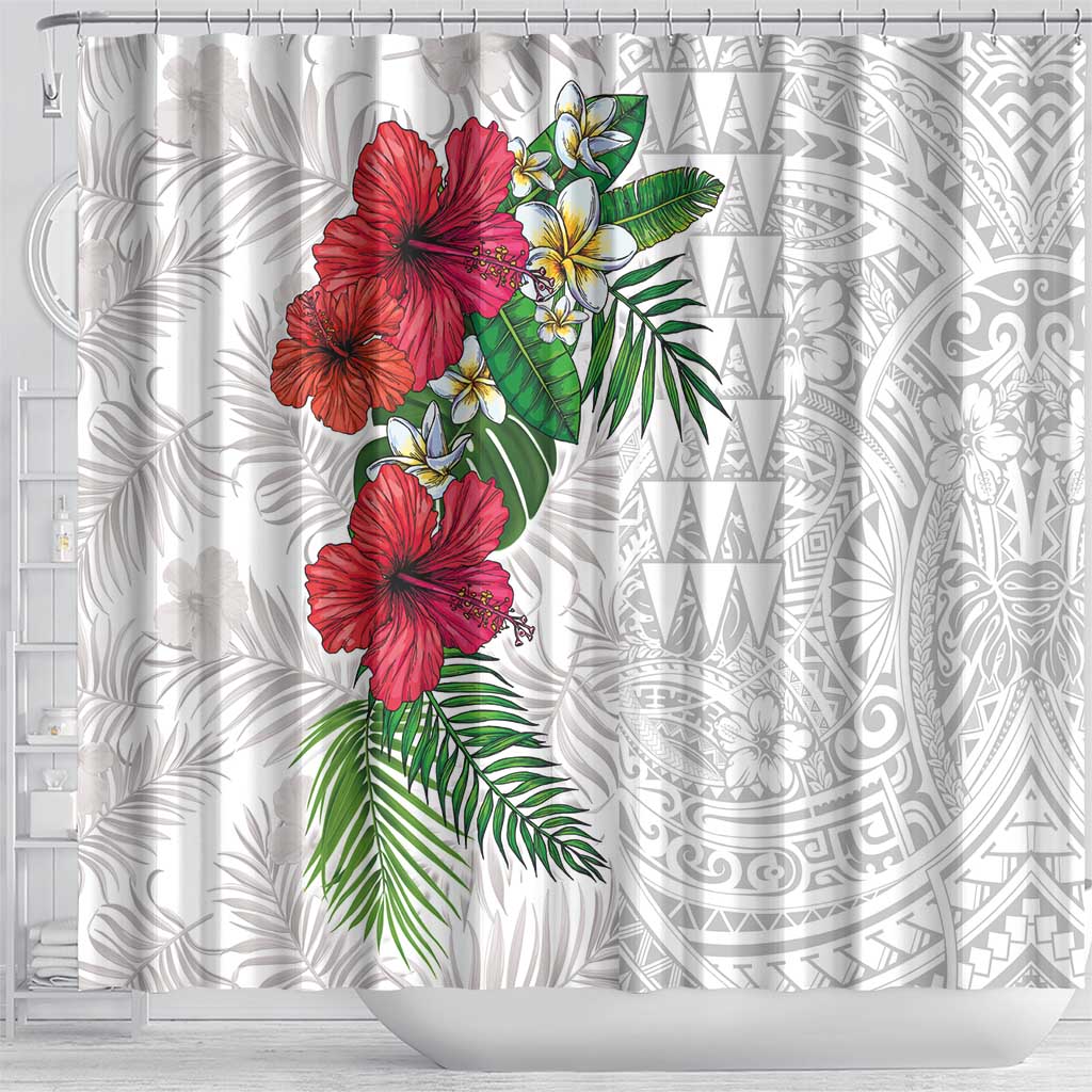 Hawaiian Tropical Plants Shower Curtain Kakau Tattoo and Polynesian Pattern Half White Color LT03 - Polynesian Pride