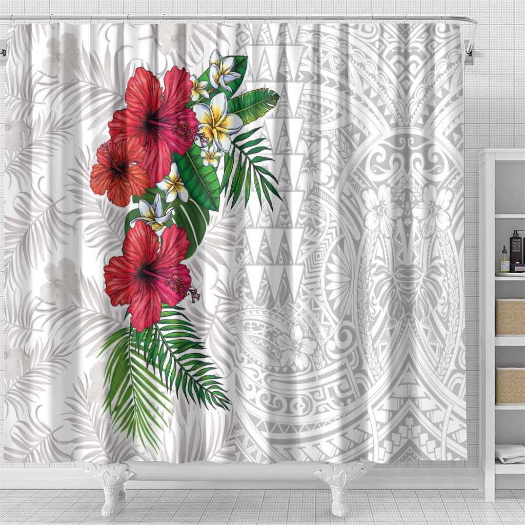 Hawaiian Tropical Plants Shower Curtain Kakau Tattoo and Polynesian Pattern Half White Color LT03 - Polynesian Pride