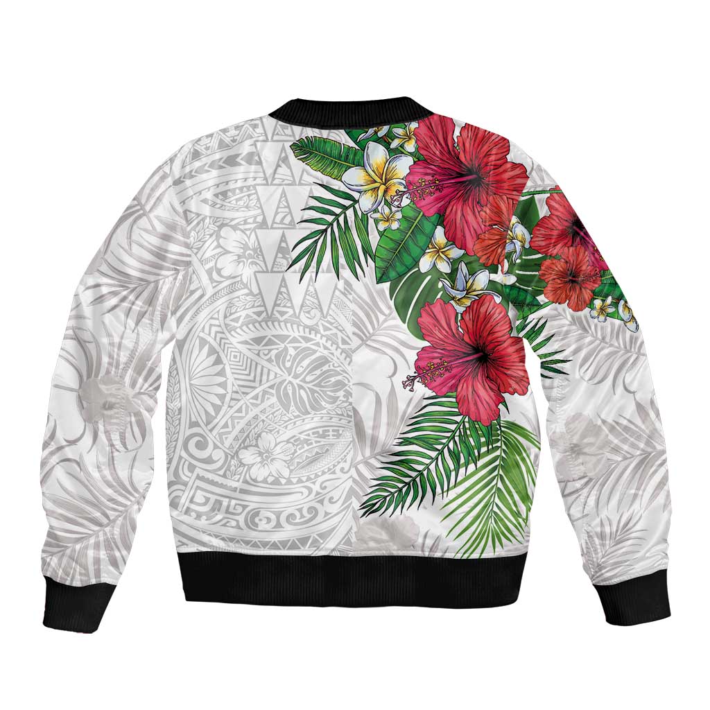 Hawaiian Tropical Plants Sleeve Zip Bomber Jacket Kakau Tattoo and Polynesian Pattern Half White Color LT03 - Polynesian Pride