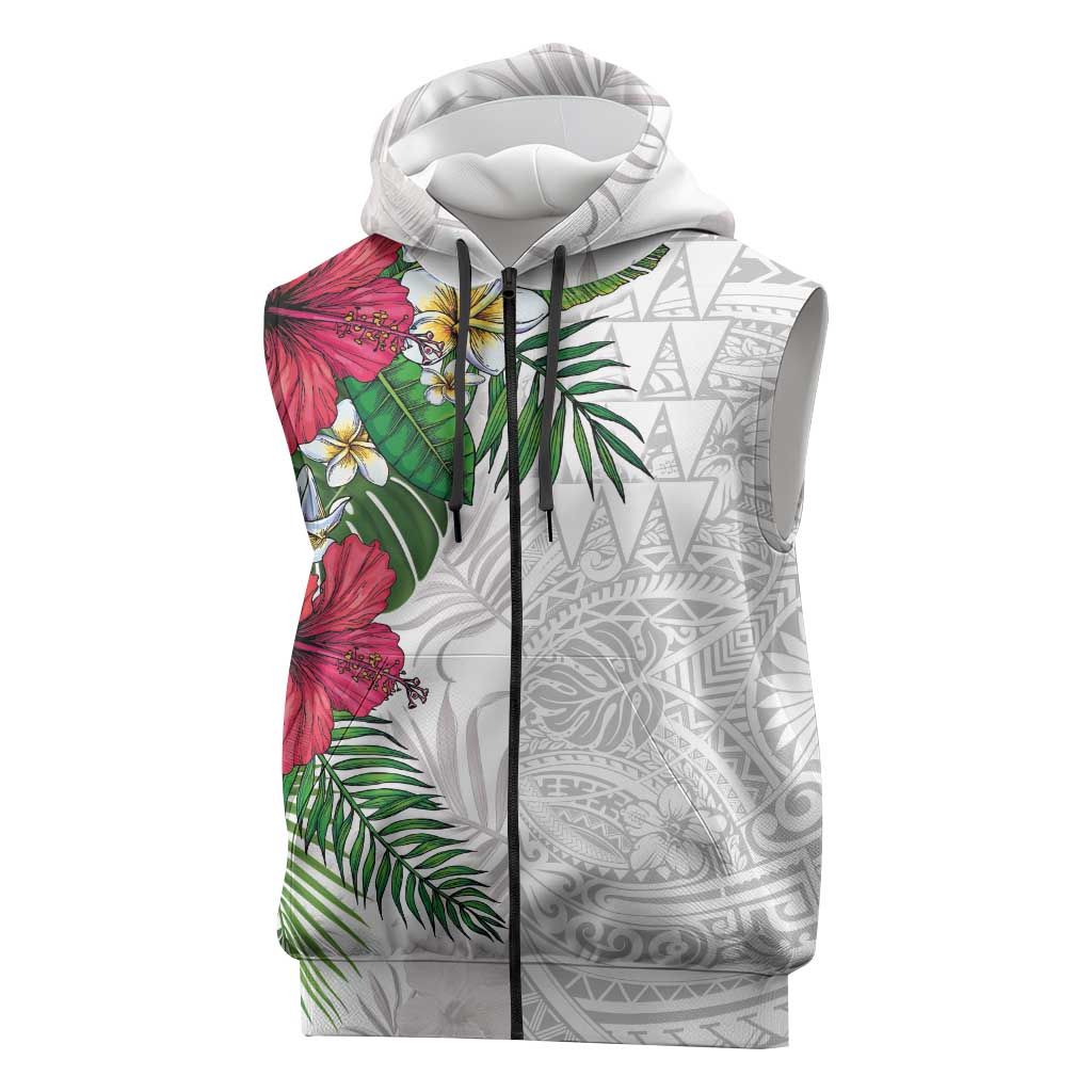 Hawaiian Tropical Plants Sleeveless Zip Hoodie Kakau Tattoo and Polynesian Pattern Half White Color LT03 White - Polynesian Pride