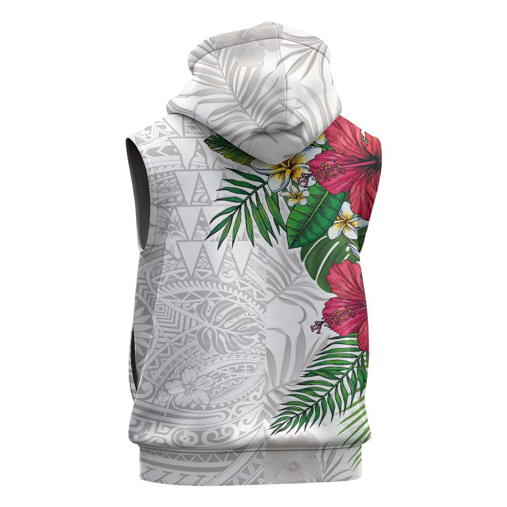 Hawaiian Tropical Plants Sleeveless Zip Hoodie Kakau Tattoo and Polynesian Pattern Half White Color LT03 - Polynesian Pride