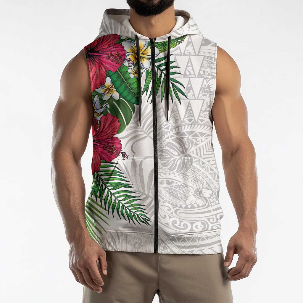 Hawaiian Tropical Plants Sleeveless Zip Hoodie Kakau Tattoo and Polynesian Pattern Half White Color LT03 - Polynesian Pride