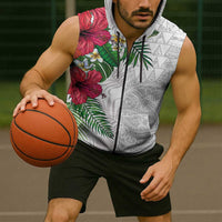Hawaiian Tropical Plants Sleeveless Zip Hoodie Kakau Tattoo and Polynesian Pattern Half White Color LT03 - Polynesian Pride