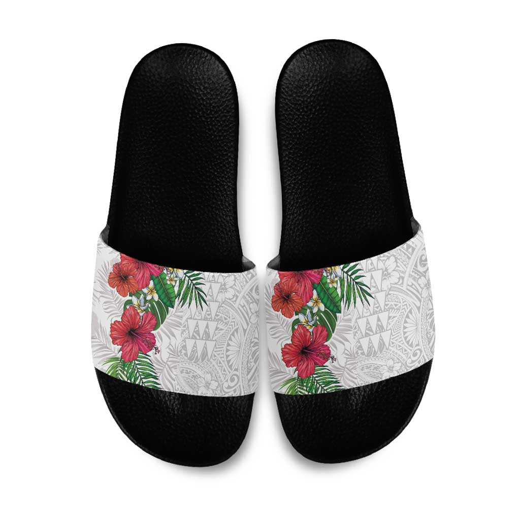 Hawaiian Tropical Plants Slide Sandals Kakau Tattoo and Polynesian Pattern Half White Color LT03 White - Polynesian Pride