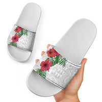 Hawaiian Tropical Plants Slide Sandals Kakau Tattoo and Polynesian Pattern Half White Color LT03 - Polynesian Pride