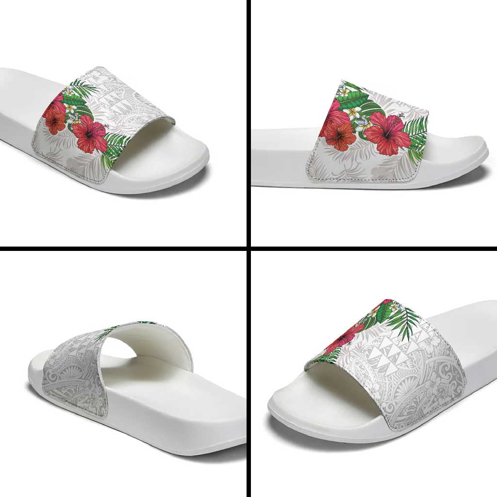 Hawaiian Tropical Plants Slide Sandals Kakau Tattoo and Polynesian Pattern Half White Color LT03 - Polynesian Pride
