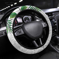 Hawaiian Tropical Plants Steering Wheel Cover Kakau Tattoo and Polynesian Pattern Half White Color LT03 Universal Fit White - Polynesian Pride